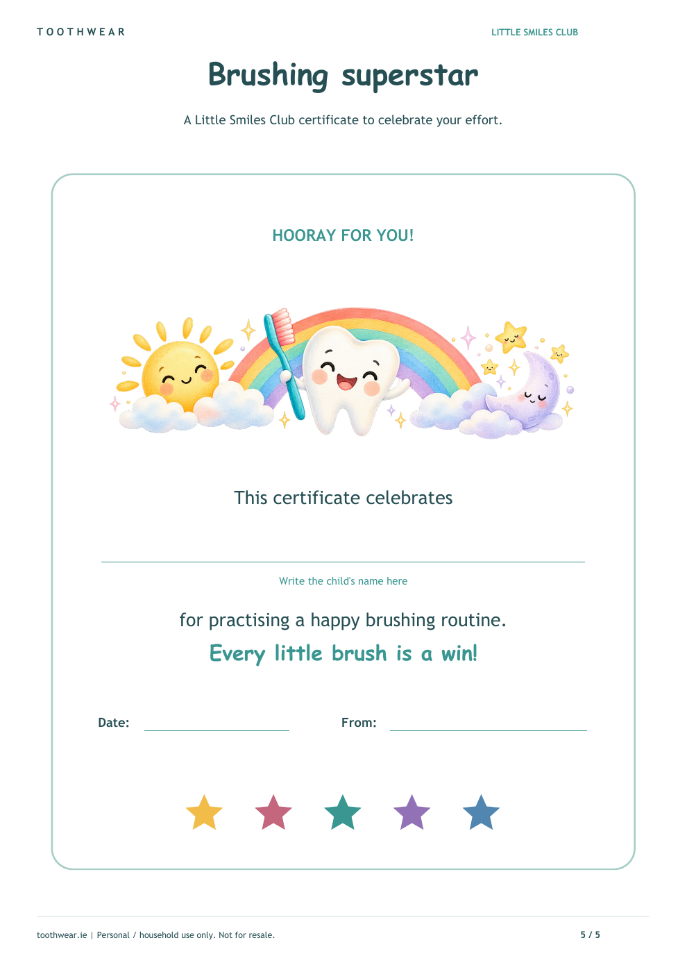 Brushing superstar certificate with a smiling tooth, rainbow, sun and moon, included in the activity pack