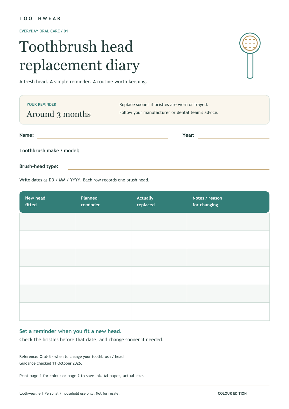 Cream, teal and gold toothbrush-head replacement diary with date fields and six replacement records